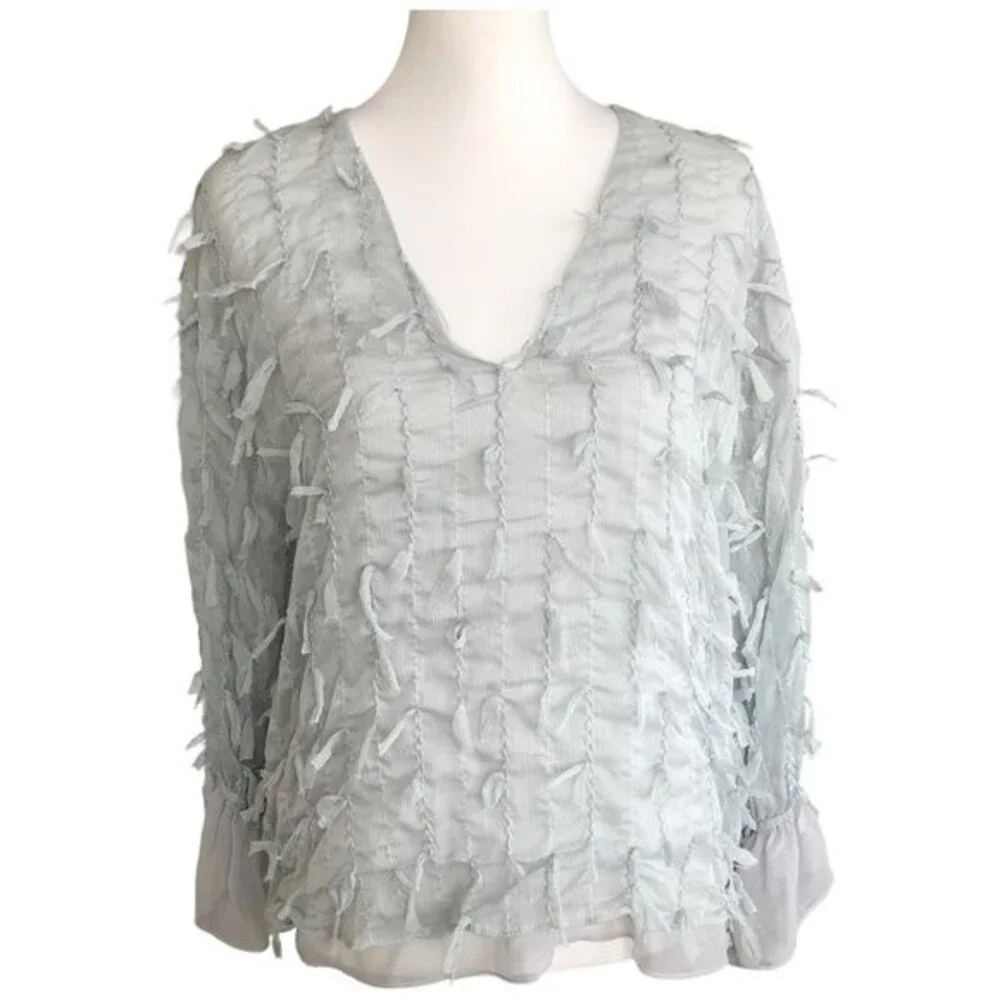 ZARA Seafoam Green Gauzy Beachy Boho Long Sleeve Y2K Ribbon Applique Top Size S - Picture 2 of 8